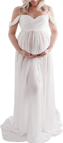 Vista 2 de ZIUMUDY Vestido de gasa de maternidad con hombros descubiertos para sesión de fotos, vestido largo de encaje frontal dividido para fotografía