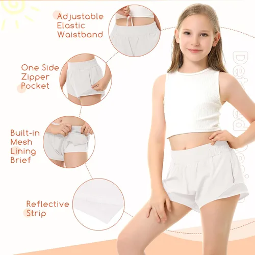 Vista 3 de Pantalones cortos deportivos para niñas, de secado rápido, con bolsillo con cremallera, para adolescentes y niños, pantalones cortos deportivos
