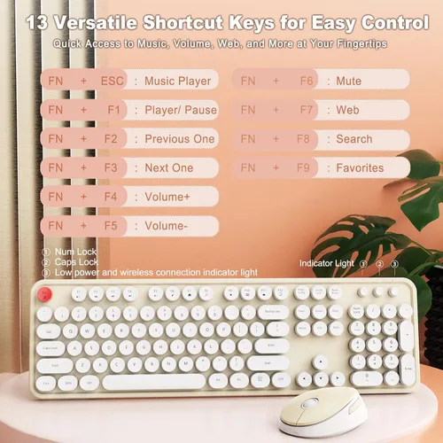 Vista 5 de HotFox Combo de Teclado y Ratón Inalámbrico, Teclado Retro de Máquina de Escribir de Tamaño Completo con Keycaps Redondos, Diseño Ergonómico para PC