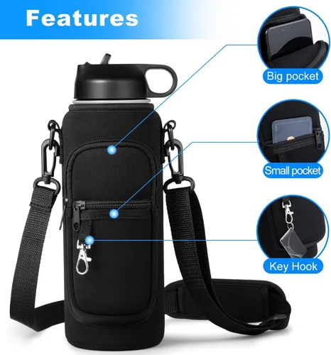 Vista 3 de RRegeny Soporte para botella de agua con correa para Hydroflask de 32 oz 40 onzas, bolsa de transporte con bolsillo para teléfono, funda