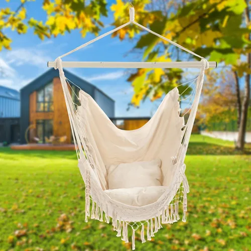 Vista 9 de Silla Hamaca, Asiento de Columpio Colgante de Cuerda con 2 Cojines, Silla Colgante de Macramé con Bolsillo Lateral con Varilla de Metal de Alta