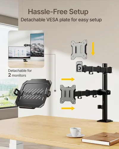 Vista 6 de monTEK Soporte para monitor y portátil para escritorio, brazo de monitor de altura ajustable para pantalla de hasta 32 pulgadas y portátil de 17