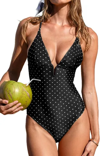 Vista 13 de CUPSHE Traje de baño de una pieza para mujer, cuello en V profundo, espalda entrecruzada con tirantes delgados ajustables Beige/Negro Wave