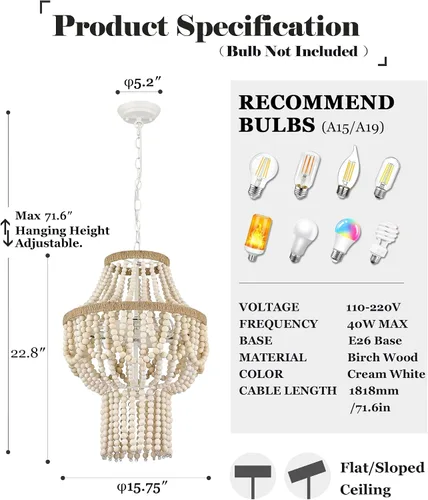 Vista 11 de ELYONA Candelabro grande de madera de abedul con cuentas de 3 luces, 16 pulgadas, estilo bohemio, estilo granja, luz colgante rústica, lámpara