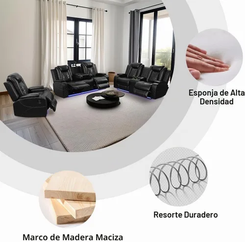 Vista 6 de Juego de sofás reclinables eléctricos, juegos de muebles de sala de estar, sofá reclinable eléctrico moderno negro, sofá biplaza y silla