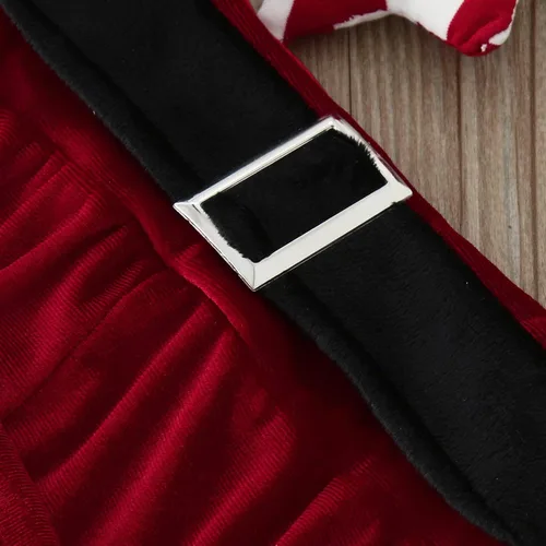 Vista 4 de AMIMOJY Trajes peludos de Navidad para niñas pequeñas, con cuello redondo, sin botones, con gorro de Papá Noel, conjunto de cinturón con leggings
