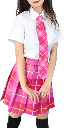Vista 6 de PROCOS Disfraz de colegiala de talla estadounidense para mujer, uniforme japonés con corbata de lazo a cuadros, 5 piezas