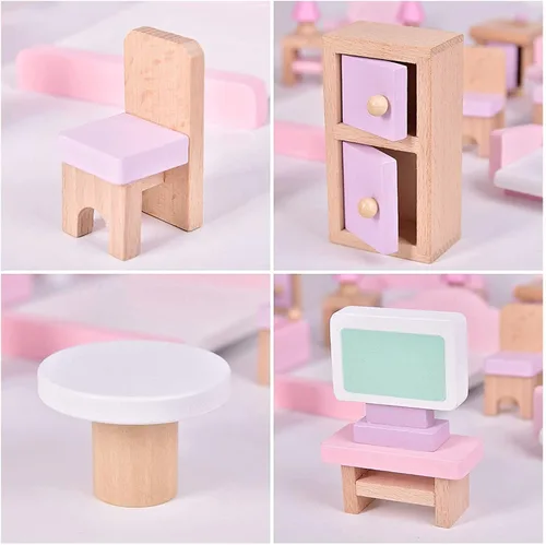 Vista 7 de Juego de 22 piezas de muebles de casa de muñecas de madera - Baño, cocina, dormitorio, sala de estar, juego de 4