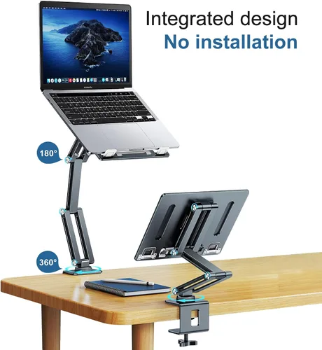 Vista 2 de Soporte para computadora portátil para escritorio, soporte de brazo para tableta con rotación de 360°, bandeja de aluminio ajustable para laptop