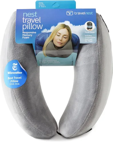Vista 10 de Almohada terapéutica de viaje Travelrest, viscoelástica, de felpa, con cobertura de microfibra lavable, se engancha al equipaje, Memory Foam, Azul