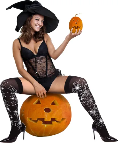 Vista 6 de Boao Calcetines altos hasta la rodilla de Halloween para mujer, hasta el muslo, largos por encima de la rodilla, medias de murciélago araña