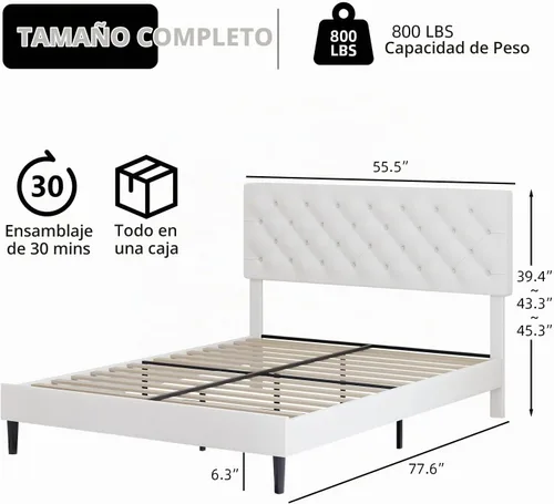 Vista 2 de BarnFurin Marco de cama tamaño completo con cabecero, cama de plataforma tapizada con cabecero acolchado con botones ajustables, marco de cama
