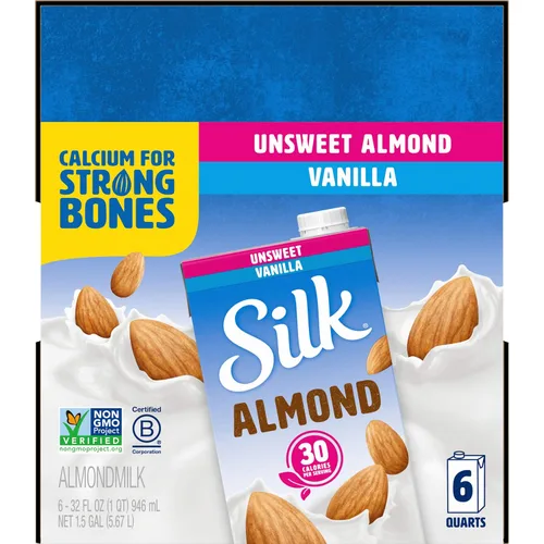 Vista 10 de Silk - Leche de almendras de larga duración, sin endulzar, sin lácteos, vegano, verificado por el Proyecto Non-GMO, 1 cuarto, paquete de 6