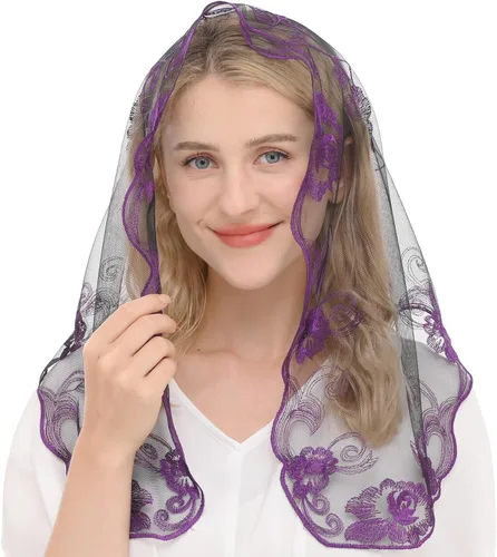 Vista 5 de Ammmscaf Chaple Veil Lace Mantilla Católica Masa Bordado Cabeza Que Cubre Velo De Iglesia