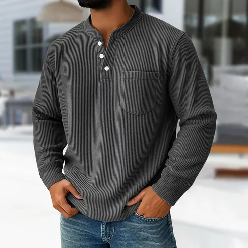 Vista 2 de Sudadera Henley para hombre, cuello en V a rayas, ajuste holgado, suéter de manga larga con bolsillos