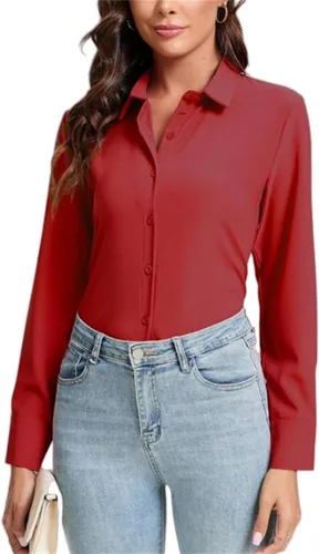 Vista 7 de Camisas con botones para mujer, ajuste delgado, manga larga, elástica, para negocios, casual, de manga larga