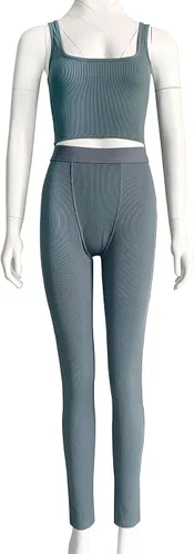 Vista 4 de ZFLM Conjuntos de entrenamiento casuales de dos piezas para mujer, camiseta sin mangas acanalada, cintura alta, leggings de yoga para uso activo