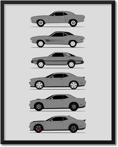Vista 16 de Custom Car Posters Póster hecho a mano compatible con Dodge Challenger Generations e impresión de Challenger SRT, multicolor, impresión metálica