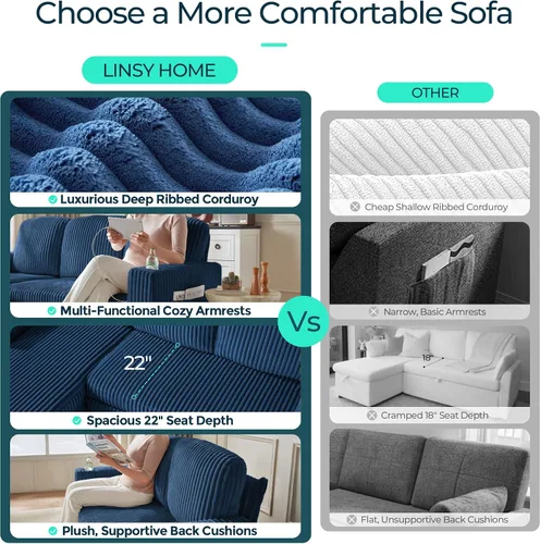 Vista 8 de LINSY HOME Sofá cama seccional con sofá cama extraíble para sala de estar (azul) Plush Corduroy
