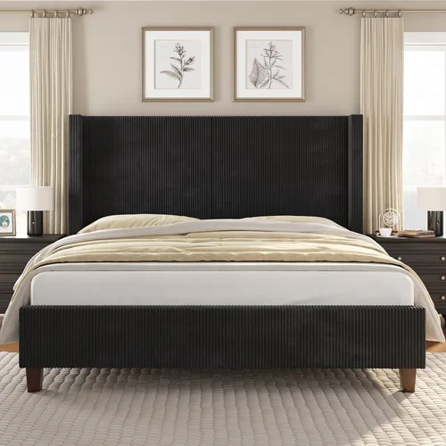 Vista 8 de VanAcc - Base de cama tapizada de pana tamaño Queen con cabecera de ala Crema