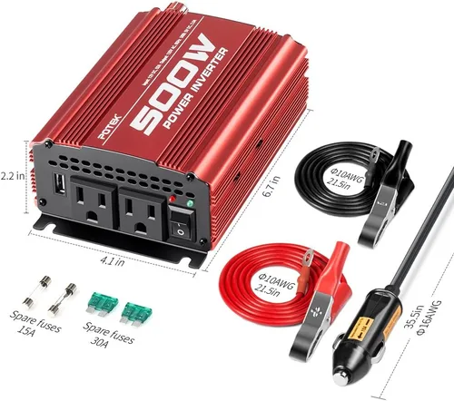 Vista 2 de POTEK - Inversor de corriente para automóvil de 500W, DC 12V a AC 110V, con 2 tomas de corriente AC y puerto USB de 2A