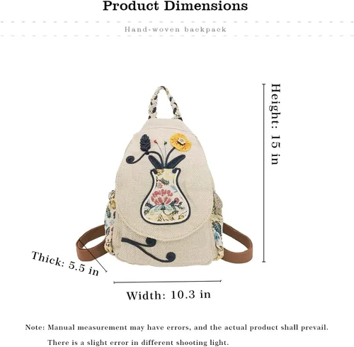 Vista 121 de HUANGGUOSHU Mochila de algodón tejida de algodón bohemio con bordado de lona estilo bohemio con múltiples bolsillos retro linda mochila cartera