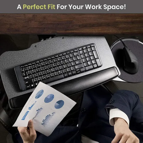 Vista 7 de Bandeja para teclado debajo del escritorio, bandeja de 27" x 11" pulgadas, riel de 17.75" pulgadas, control de una perilla, teclado de computadora