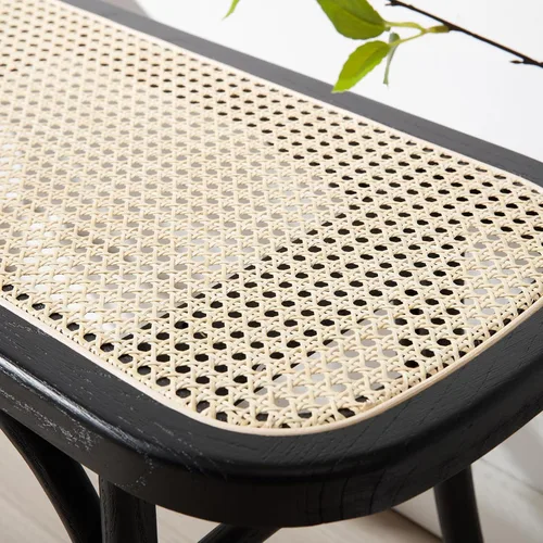 Vista 7 de Banco de comedor de madera negra con asiento de ratán, banco de acento bohemio para entrada, dormitorio, extremo de cama, ventana de cocina, espacio