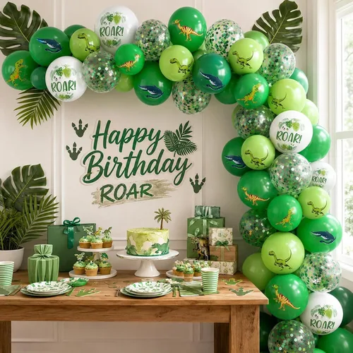 Vista 4 de Globos de dinosaurio, 12 pulgadas, decoraciones de safari en la selva para Conjunto de látex con estampado de dinosaurio verde claro y blanco
