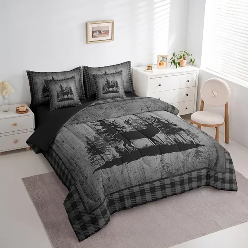 Vista 112 de Feelyou Juego de edredón de ciervo con sábanas – Tamaño Queen 7 piezas Juego de ropa de cama infantil de caza rústica – Cama de ciervo de cabaña