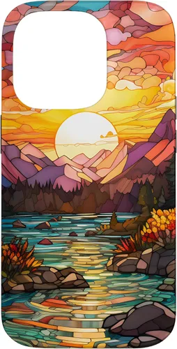 Vista 17 de iPhone 16 Sunset Stained Glass Mosaic Landscape Scene Case