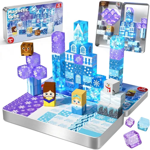 Vista 9 de Bloques magnéticos – 100 bloques de construcción magnéticos de castillo de princesa rosa, cubos magnéticos 3D para niñas, juguete de construcción