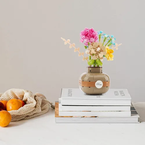 Vista 5 de Juego de bloques de construcción de rosas con florero, ladrillos Kit de modelo, adorno de bonsái en maceta para decoración del hogar, regalo