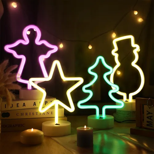 Vista 5 de Baquler 4 letreros de neón de Navidad con luz LED de neón con base de soporte, muñeco de nieve iluminado, luces nocturnas con batería o USB