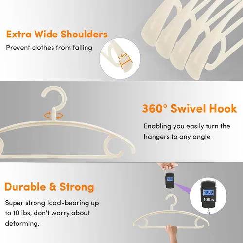 Vista 3 de DEDU Perchas de plástico para ropa, paquete de 20 perchas extra gruesas con gancho giratorio de 360° antideslizantes, perchas para suéteres, Beige