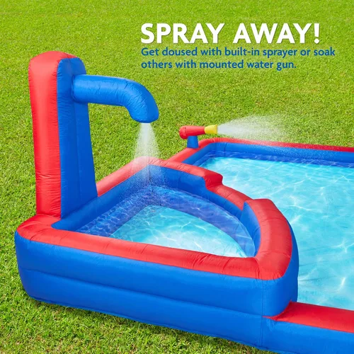Vista 6 de Sunny & Fun - Parque inflable de cuatro esquinas, resistente para diversión al aire libre, pared de escalada, tobogán y piscina profunda, fácil