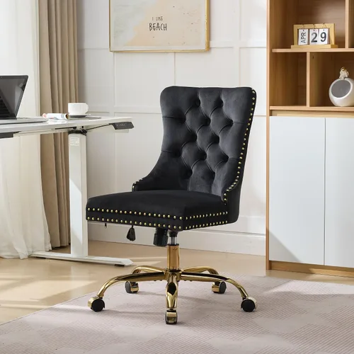 Vista 11 de SSLine Elegante silla de escritorio de terciopelo para niñas y mujeres, silla giratoria copetuda para computadora de oficina con ruedas, moderna