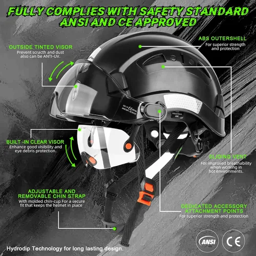 Vista 2 de GREEN DEVIL Casco de seguridad con visera tintada y transparente con ventilación Casco de construcción ABS Cascos de construcción para hombres