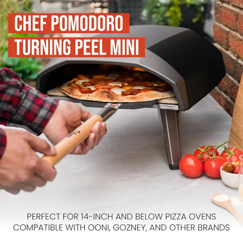 Vista 4 de Chef Pomodoro Pala giratoria de aluminio para pizza con mango de madera para un fácil almacenamiento, espátula perforada para pizza, paleta gourmet