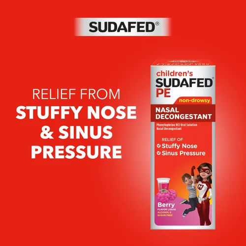 Vista 3 de Sudafed Descongestionante Nasal PE Para Niños, Medicina Líquida para el Alivio del Resfriado con Fenilefrina HCl, Sin Alcohol y Sin Azúcar, Sabor a