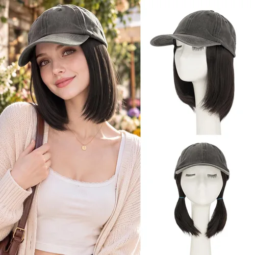 Vista 34 de S-noilite Gorra de béisbol de 6 pulgadas con peluca corta de peinado Bob