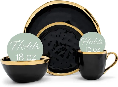 Vista 4 de Elanze Designs Juego de vajilla de 16 piezas de platos, tazones y tazas de porcelana cerámica con burbuja metálica - Servicio para 4, negro