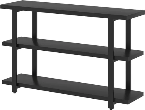 Vista 9 de FOLUBAN Mesa de entrada negra, mesas consola modernas con estantes de almacenamiento de 3 niveles para sala de estar, mesa de sofá de madera y metal
