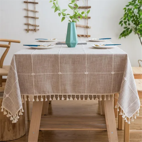 Vista 6 de Dimatic Mantel de Algodón y Lino de Peso Pesado - Mantel Redondo de 60 Pulgadas - Cubierta de Mesa con Costura de Borlas para Decoración de Beige