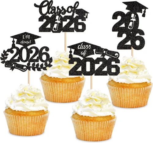 Vista 12 de 24 adornos para cupcakes de graduación 2026, selecciones de alimentos/aperitivos para fiesta de graduación, decoración de mini pasteles, adornos