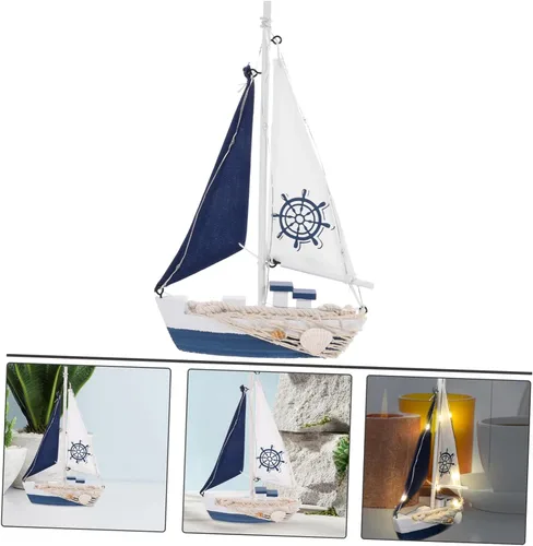 Vista 6 de ARTIBETTER Decoración Vela Adornment Escritorio Velero Ornamento Estilo Náutico Velero Modelo Mediterráneo Náutico Barco Modelo LED Madera Oficina