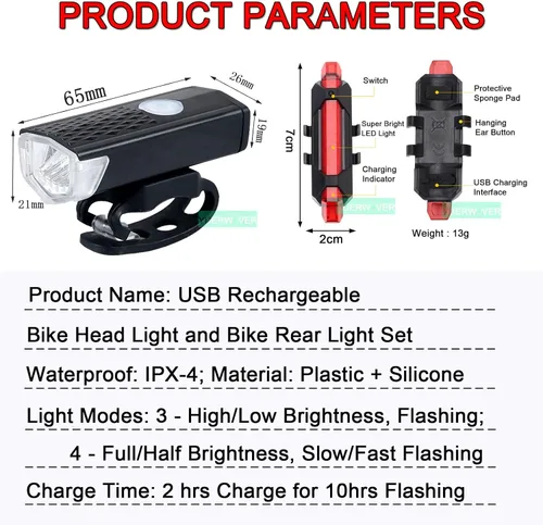 Vista 2 de Juego de luces recargables para bicicleta, luz trasera de bicicleta ultra brillante para montar por la noche, faro delantero y trasero esencial