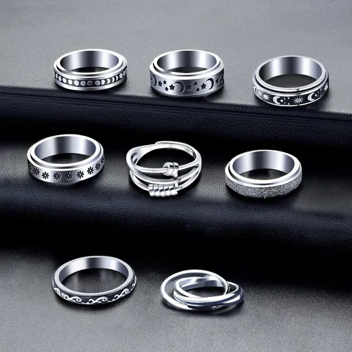 Vista 4 de Spinner Ring for Anxiety 8pcs Stainless Steel Fidget Rings Anti Anxiety Ring Spinning Moon Star Cool Stress Relieving Rings for Women Men Teens Girls