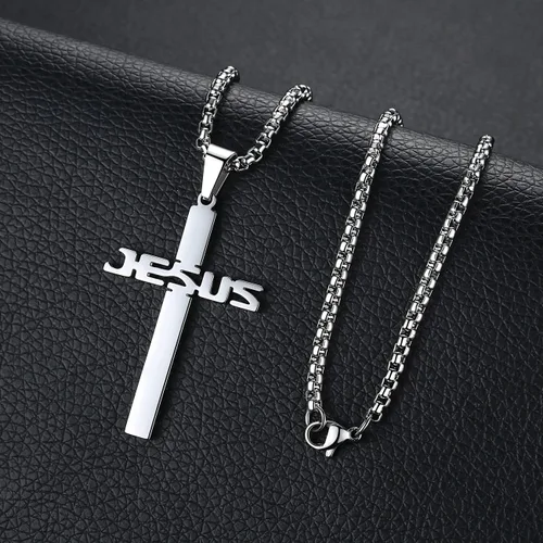 Vista 3 de REVEMCN Collar con colgante de cruz de Jesús de acero inoxidable para hombres y mujeres, cadena Rolo de 20 a 24 pulgadas, regalos cristianos