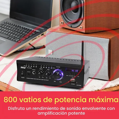 Vista 6 de Pyle Amplificador de altavoz Bluetooth para computadora - Amplificador de potencia estéreo para el hogar de 2 x 120 W, sistema receptor de audio